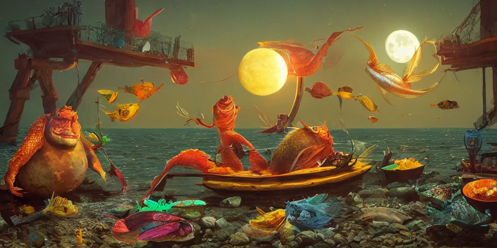 Image similar to fish enjoying a margarita during full moon with his worst enemies, colorful, contrast, 3 d scene, greg rutkowski, zabrocki, karlkka, jayison devadas, trending on artstation, 8 k, ultra wide angle, zenith view, pincushion lens effect