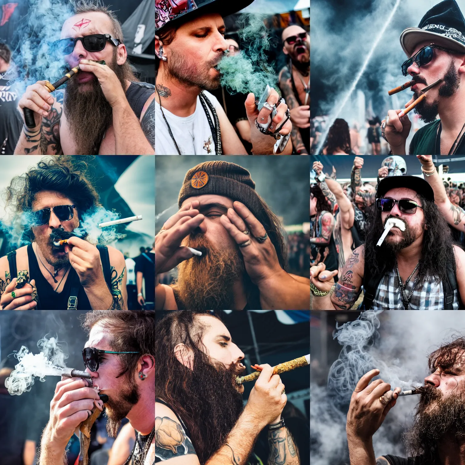 Prompt: a photo of a man smoking weed at a heavy metal festival
