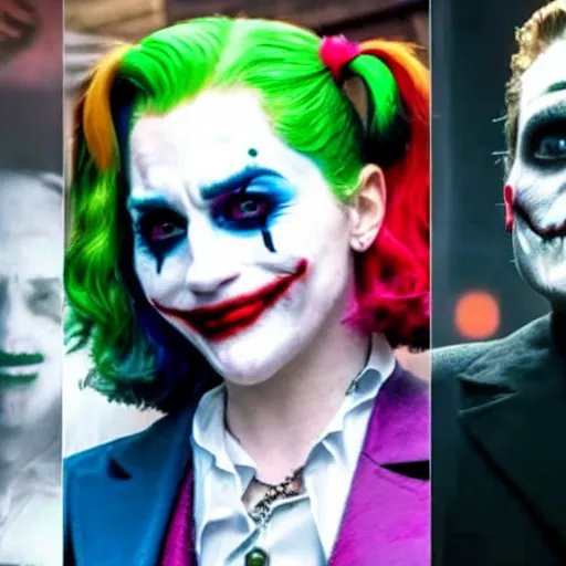 Prompt: 8 k uhd footage from new joker movie, joaquin phoenix as joker and lady gaga as harley quin, paparazzi shot, uhd details
