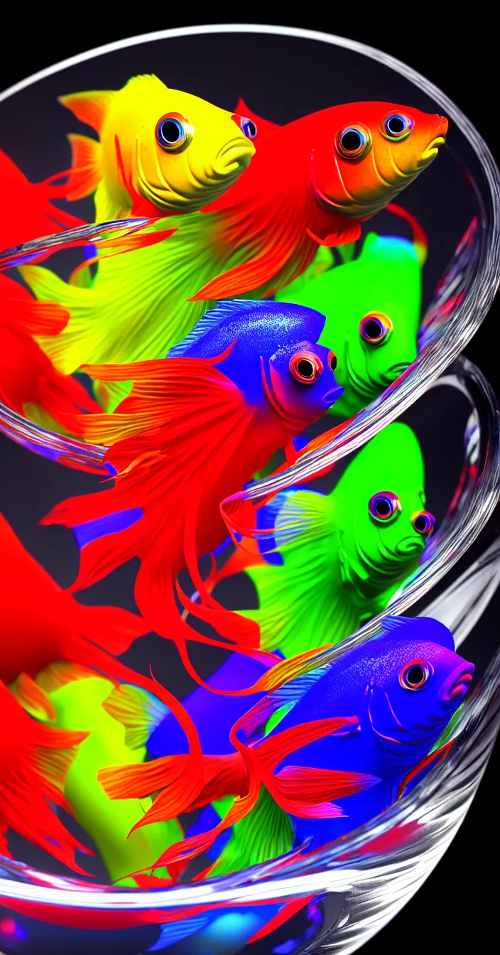 Prompt: highly detailed photo of multi colorful beta fish in super clean glass bowl, 3 d render, dark background, hyper realistic, concept art, 8 k detail post - processing