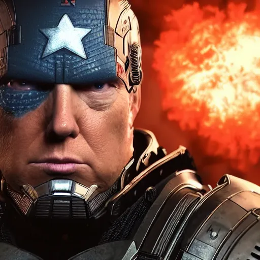 Image similar to portrait of donald trump as captain america in gears of war, splash art, maga, patriot, movie still, cinematic lighting, dramatic, glowing, ray tracing, octane render, long lens, shallow depth of field, bokeh, anamorphic lens flare, 8 k, hyper detailed, 3 5 mm film grain