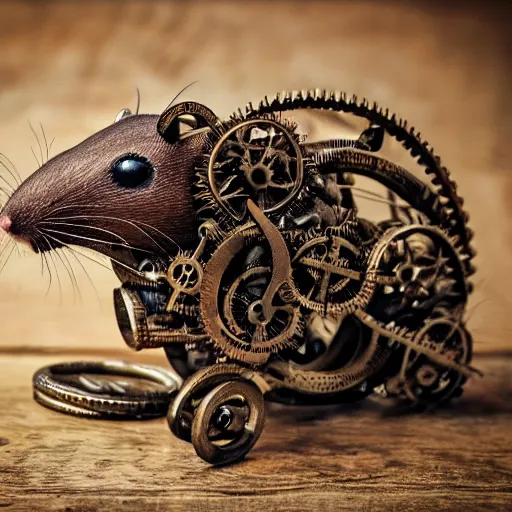 Prompt: rat made out of gears and tubes in a steampunk style, rusty, portrait, 4 k, high details, shiny