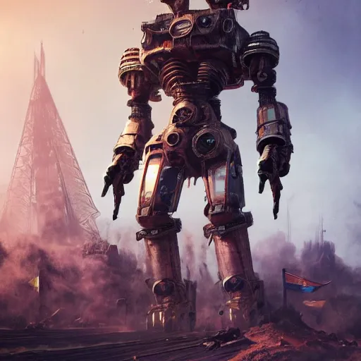 Image similar to gigantic bipedal humanoid war machine standing in a battlefield, steam punk, 70's sci-fi, highly detailed, deep aesthetic, 4k, highly ornate intricate details, cinematic lighting, rich colors, digital artwork, ray tracing,