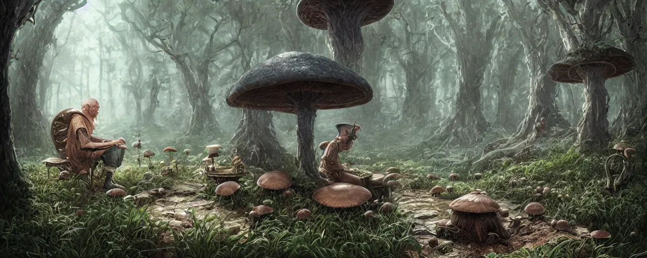 Prompt: an old wizard sitting under a mushroom tree casting a spell, D&D, fantasy, intricate, cinematic lighting, highly detailed, digital painting, artstation, concept art, smooth, sharp focus, illustration, art by Terry Moore and Greg Rutkowski