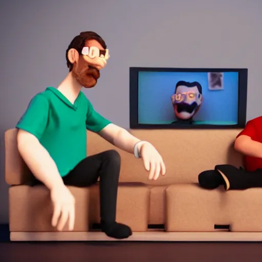 Image similar to photorealistic claymation, two guys sitting on a couch, messy table, watching tv, 3D, highly detailed,