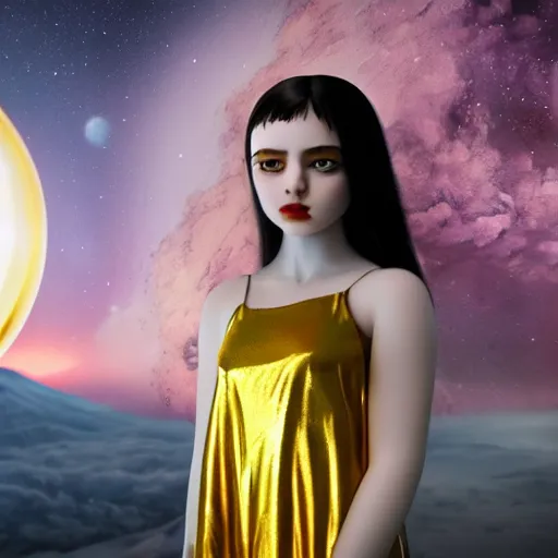 Image similar to a girl with silver-violet hair, white eyes and a golden shiny dress against the backdrop of a nuclear explosion, wide lens, diorama, 4k,