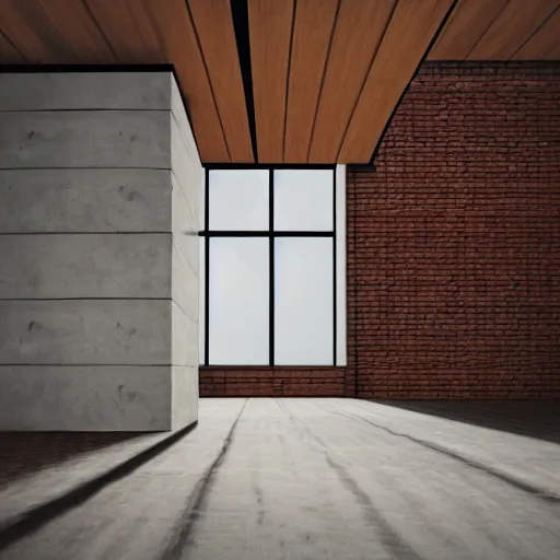 Image similar to hyper realistic one point perspective of living room, wood, concrete, brick