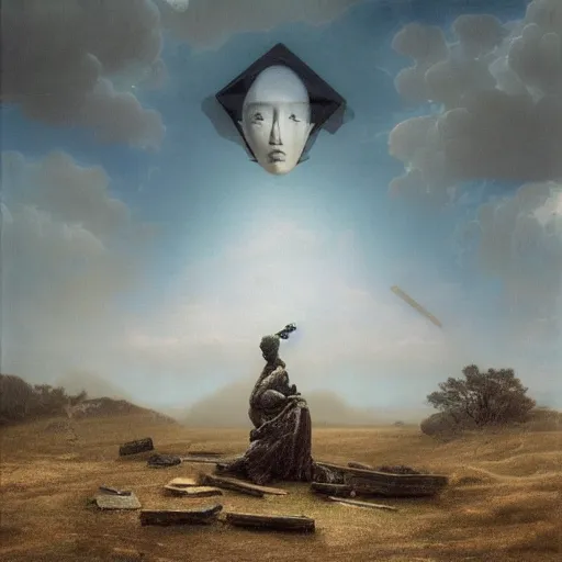 Image similar to hyperrealistic surrealism, David Friedrich, award winning masterpiece with incredible details, Zhang Kechun, a surreal vaporwave vaporwave vaporwave vaporwave vaporwave painting by Thomas Cole of a gigantic broken mannequin head sculpture in ruins, astronaut lost in liminal space, highly detailed, trending on ArtStation