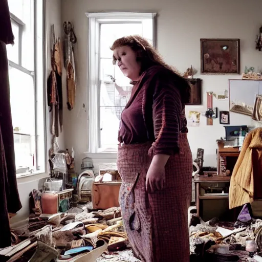 Image similar to a woman with adhd - ip stands in her messy house. folk horror. detailed.