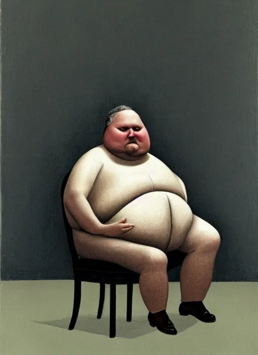 Image similar to fat man sitting on chair, sweat, fat, frustrated, art by gertrude abercrombie