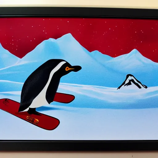 Image similar to ultrawide angle photograph of a snowboarding penguin, extremely detailed. the snowboard he is riding is red and has a tribal print, 8 k