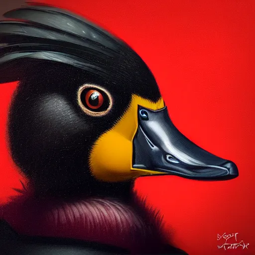 Image similar to portrait of cute mallard duck with black feathers, wearing cultist red robe, inside a castle, black feathers, glowing arcane eyes, ultra detailed, expressive oil painting digital art, octane render, trending on art station,