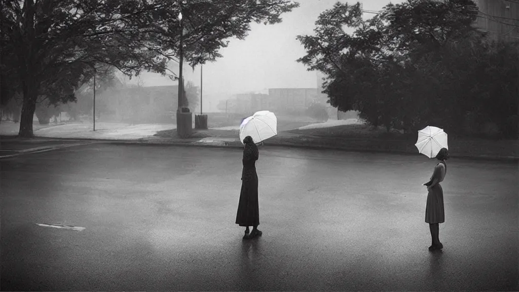 Image similar to “ a woman waiting on the corner holding an umbrella, photography by gregory crewdson ”