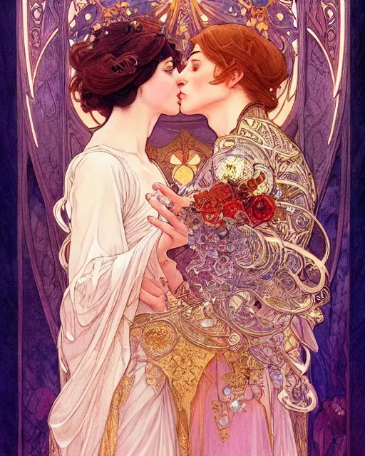 Image similar to the kiss | highly detailed | very intricate | art nouveau | gold filigree | romantic storybook fantasy | soft cinematic lighting | award - winning | disney concept art watercolor illustration by mandy jurgens and alphonse mucha and alena aenami | pastel color palette | featured on artstation