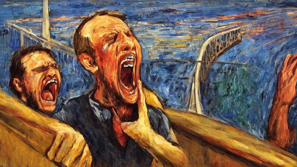 Prompt: a man screaming on a bridge. expressionism.
