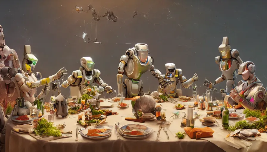 Image similar to a table dinner of robots where robots are dressed like the characters from the midsommar movie, realistic detailed digital art by maxwell boas jessica rossier christian dimitrov anton fadeev trending on artstation cgsociety rendered in unreal engine 4 k hq