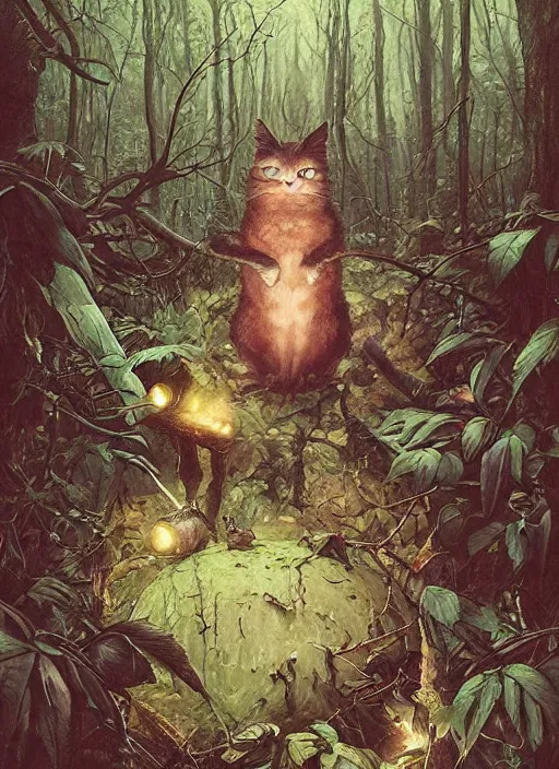 Prompt: a hyper realistic cat witch minions creature in the woods gorgeous lighting, lush forest foliage painting by chiara bautista and beksinski and norman rockwell and greg rutkowski weta studio, and lucasfilm