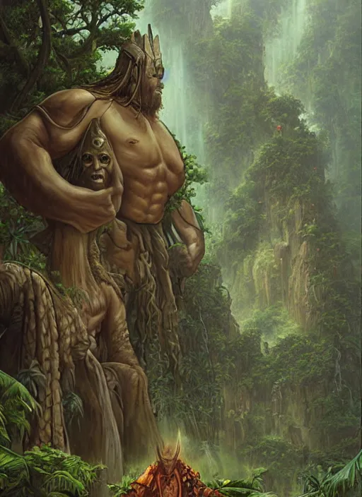 Image similar to a shaman sitting in the jungle, with giant faces of ancestors behind him, hyper detailed, art by christophe vacher