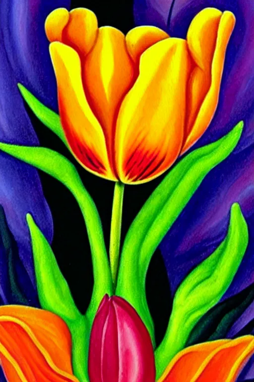 Prompt: a colorful painting of a side view of a tulip in with roots going deep into the ground in the stale of frida kahlo with the colors of mexico