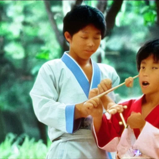 Image similar to miyagi from karate kid teaching daniel how to catch a frog with chopstick, cinematic, photo, still frame