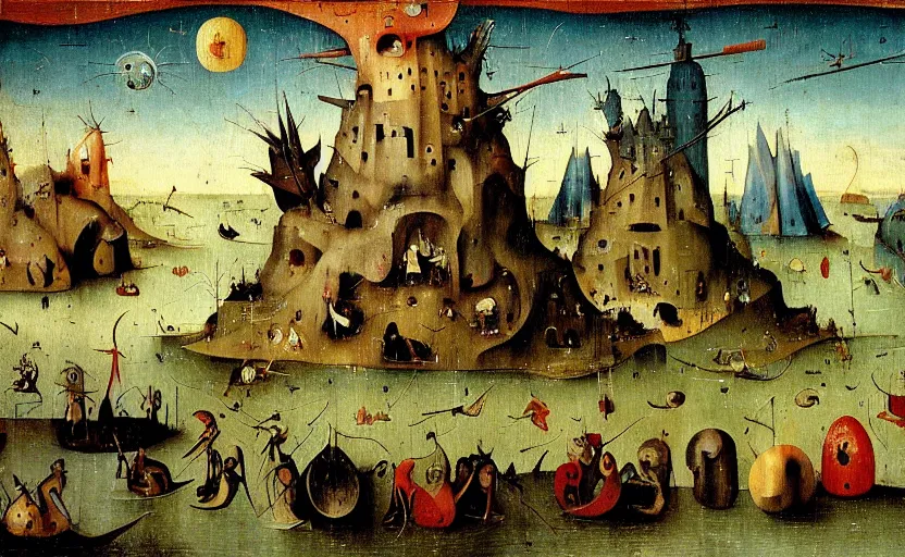 Prompt: A mysterious land with crazy creatures by Hieronymus Bosch