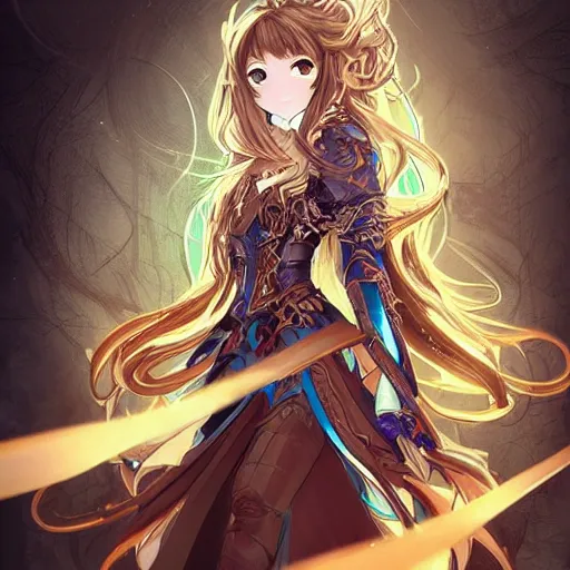 Prompt: “A hyper-detailed stunning and beautiful anime woman with brown flowing hair, long blue-cape, decorative leather armor, surrounded by a catacomb of books, Full-body character portrait, trending on artstation, by rossdraws”