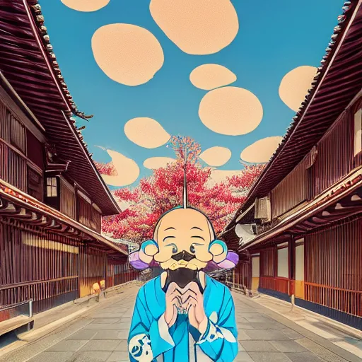 Image similar to a man walking on clouds away from the camera above kyoto by takashi murakami, beeple and james jean, aya takano color style, 4 k, super detailed, modern, 4 k, symmetrical