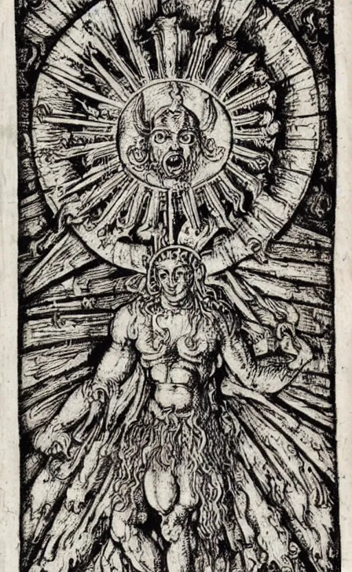Prompt: an extremely detailed manuscript depicting a monstrous image of the god apollo transforming into a stylized sun, medieval, renaissance, manuscript, woodcut, in the style of albrecht durer, alchemical symbols