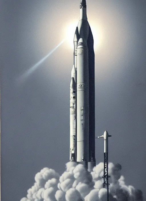Image similar to detailed 1 9 5 0 s stencil art of the saturn v rocket, cinematic lighting, dawn, apollo space program