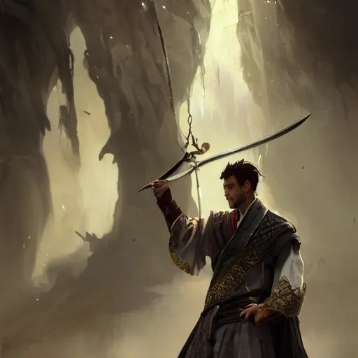 Prompt: a photorealistic dramatic fantasy render of a handsome man carrying a rough heavy sword drippig with blood and clasical japanese kimono by wlop, artgerm, greg rutkowski, alphonse mucha, beautiful dynamic dramatic dark moody lighting, shadows, cinematic atmosphere, artstation, concept design art, octane render, 8 k