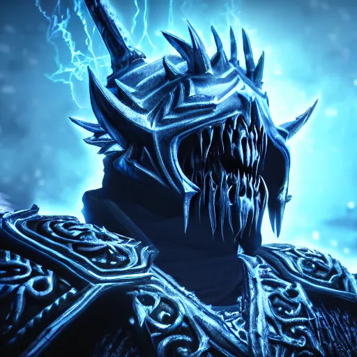 Prompt: the lich king from world of warcraft, cinematic lightning, medium shot, mid-shot, highly detailed, trending on Artstation, Unreal Engine 4k, cinematic wallpaper