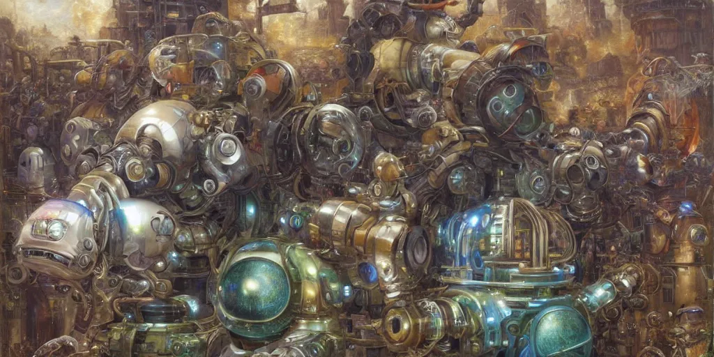 Image similar to many derpy shiny mechanical android robots, Lilia Alvarado, Sophie Anderson, Mark Arian, Bob Byerley, Charlie Bowater, Mark Brooks, Steve Henderson, Justin Gerard, Arthur Hughes, Edward Robert Hughes, Mark Keathley, Victor Nizovtsev, Carlos Shwabe, Ross Tran, WLOP