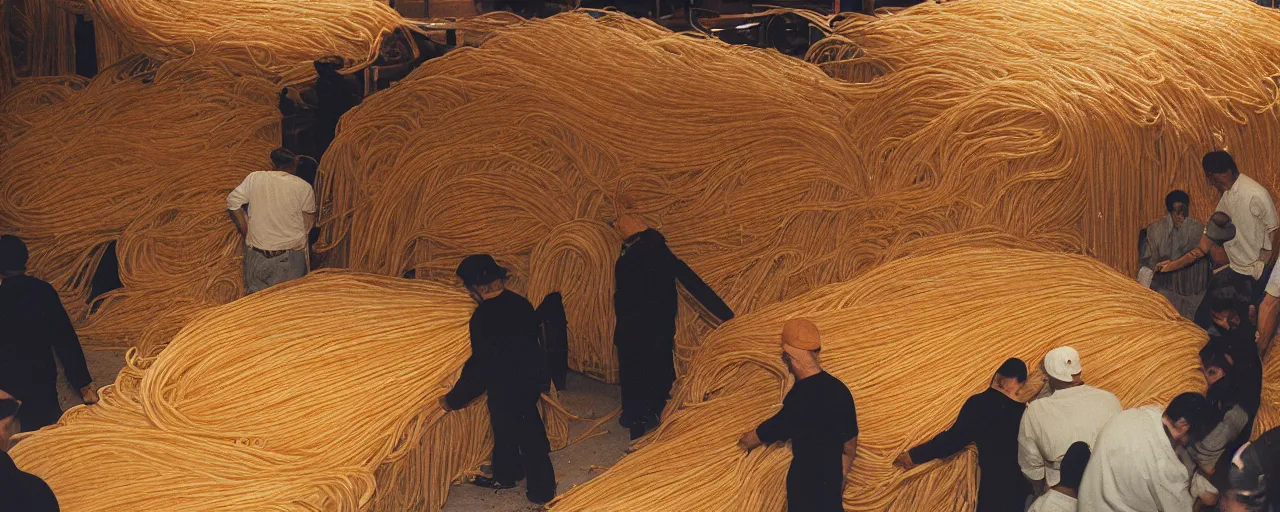 Image similar to a factory with workers handling giant mounds of spaghetti, canon 5 0 mm, cinematic lighting, photography, retro, film, kodachrome, closeup