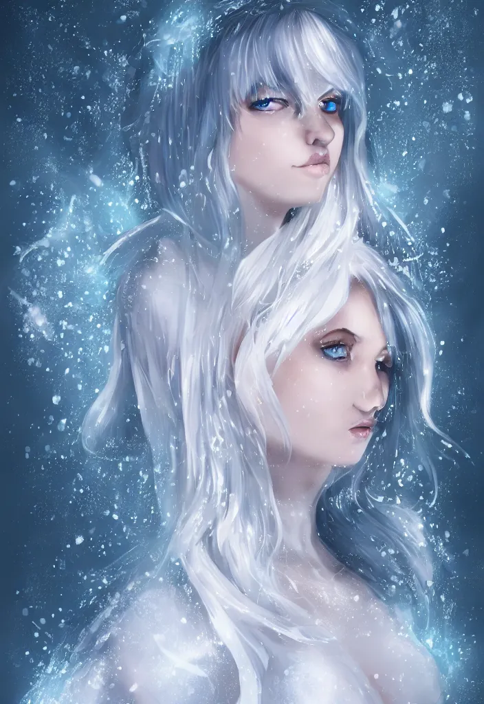 Prompt: full body portrait of a stunningly pretty woman with pale blue hair wearing a dress made out of snowflake in the middle of a snowstorm. award - winning digital art, trending on artstation