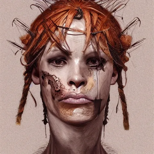 Image similar to portrait of a Shibari rope wrapped face and neck, headshot, insanely nice professional hair style, dramatic hair color, digital painting, of a old 15th century, old cyborg merchant, amber jewels, baroque, ornate clothing, scifi, realistic, hyperdetailed, chiaroscuro, concept art, art by Franz Hals and Jon Foster and Ayami Kojima and Amano and Karol Bak,