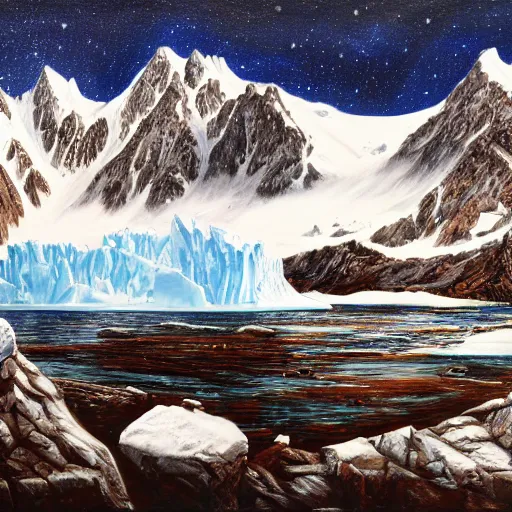 Image similar to mysteries of Antarctica glacial cult mountain god, realistic fantasy, oil painting, primeval duality, cinematic, establishing shot, extremely high detail, photo realistic, cinematic lighting, oil painting, intricate line drawings, 8k resolution