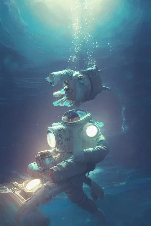 Image similar to astronaut underwater in the ocean at night, volumetric lighting, glowing lights, 4k, octane, digital painting, artstation, concept art, sharp focus, illustration, art by artgerm and greg rutkowski and alphonse mucha