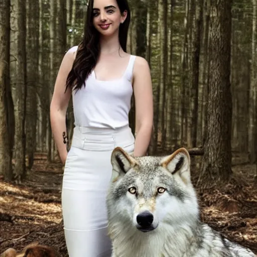 Image similar to adelaide kane standing next to a large white wolf in a forest