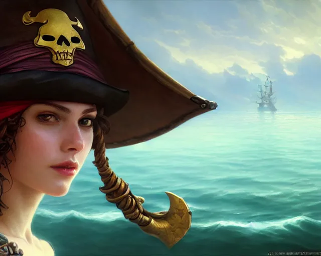 Image similar to pirate hat floating in the sea, low view shot, close up, deep focus, d & d, fantasy, intricate, elegant, highly detailed, digital painting, artstation, concept art, matte, sharp focus, illustration, hearthstone, art by artgerm and greg rutkowski and alphonse mucha