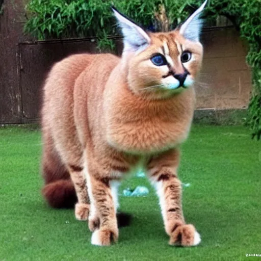 Image similar to cute fluffy caracal as a cat dressed in dress