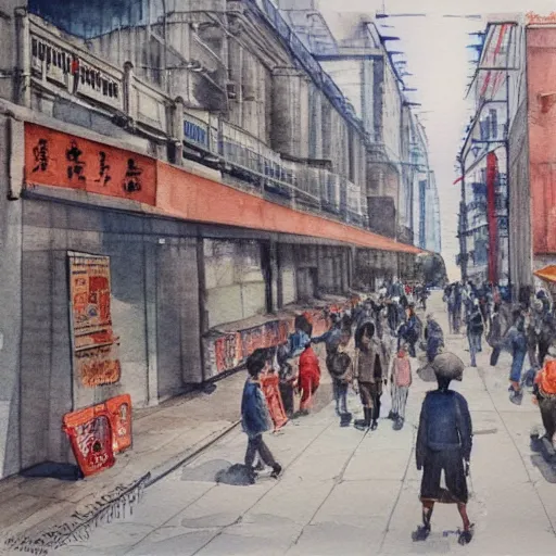 Image similar to Shanghai street scene, highly detailed, contemporary watercolor, smooth, by Joseph Zbikowicz, 8k