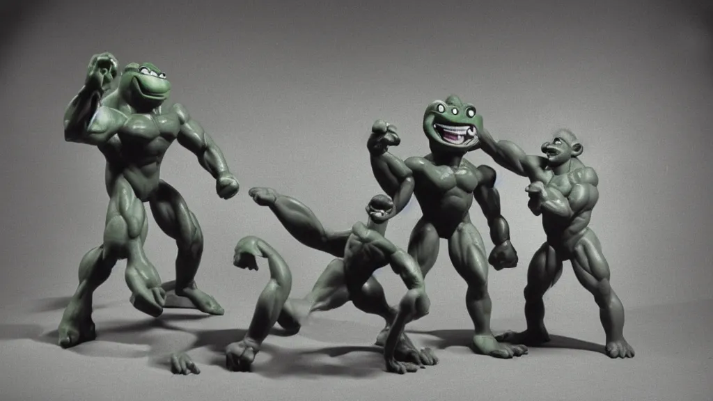 Prompt: Rare found plasticine footage of the muscular green shronk mascot ultra-wrestling with a complex intricate bodybuilder-creature! very ultra funny faces! exaggerated posing, very dynamic and grabbing, group acrobatics! Found in 1985, photographed by Ansel Adams standing out in a dark place in the sky at night under the moon. High field of view, exaggerated perspective effect. Everyone is grappling and grabbing! #ultra-acrobatics #dynamism #movement #posing #proud #westling #ultra-wresting #interlocking #plasticine #disturbing #dramatic #highiso #shrektorted #zuckpunk #verytextured-bodies #extreme #foundhell #ultra-textured