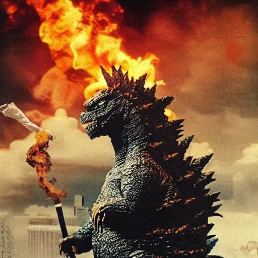 Prompt: godzilla wearing shades and smoking a blunt of marijuana