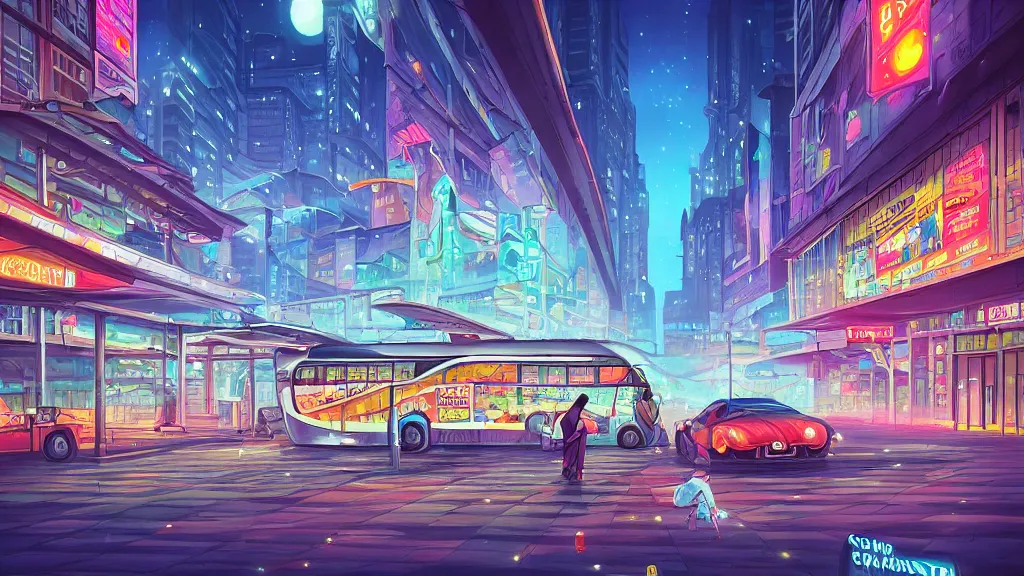 Prompt: bus terminal in the the city at night by cyril rolando and naomi okubo and dan mumford. flying cars. advertisements. neon.