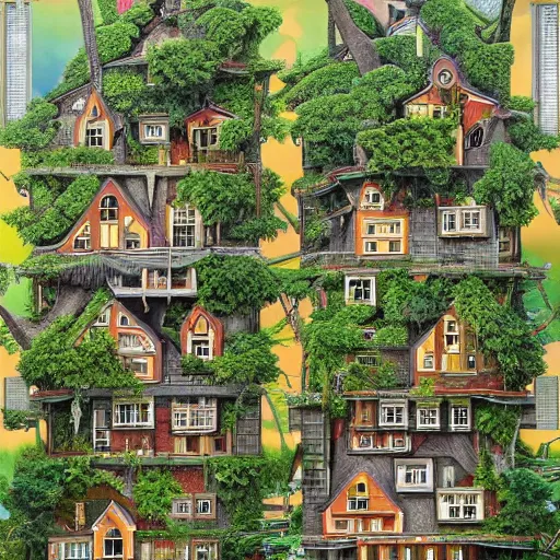 Prompt: a highly detailed multi story house entangled with trees by jacek yerka, 8k, vivid