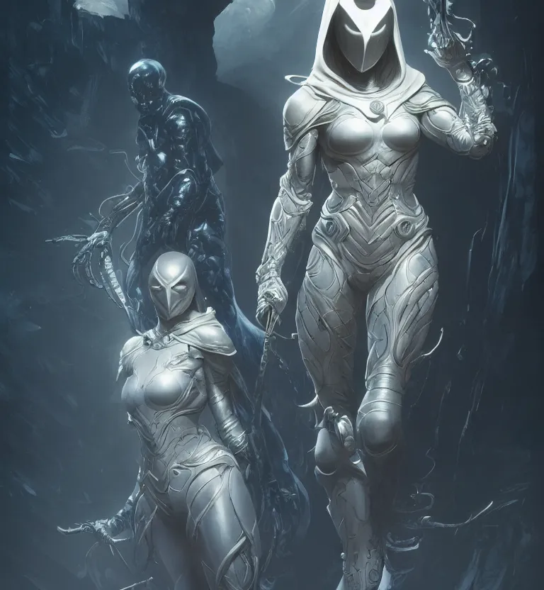 Image similar to female moon knight, hyper detailed, digital art, trending in artstation, cinematic lighting, studio quality, smooth render, unreal engine 5 rendered, octane rendered, art style by klimt and nixeu and ian sprigger and wlop and krenz cushart