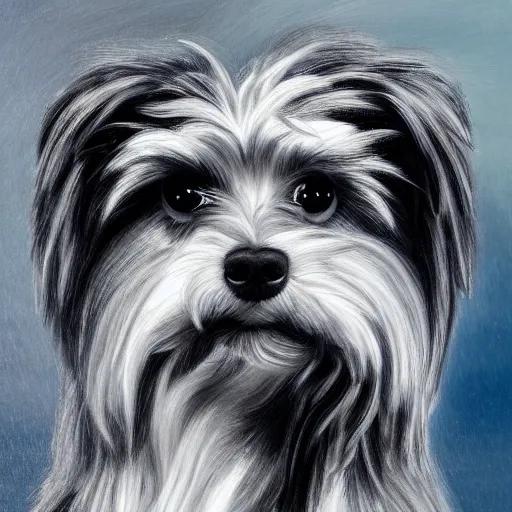 Image similar to professional painting of a Yorkshire Terrier in the style of Thomas Lawrence, head and shoulders portrait, symmetrical facial features, smooth, sharp focus, illustration, intricate, stormy weather, extremely detailed masterpiece,