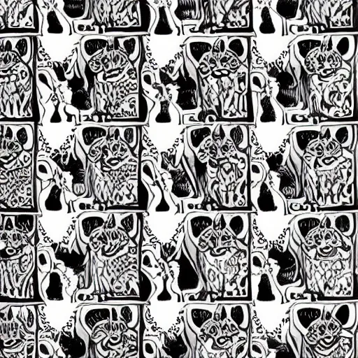 Image similar to an intricate tiled pattern of cats and dogs by mc escher, black and white painting