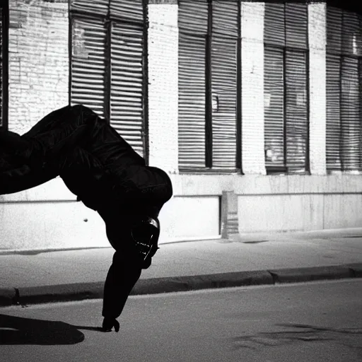 Prompt: darth vader break dancing on a street corner, brooklyn, day time, sunny, the 8 0's