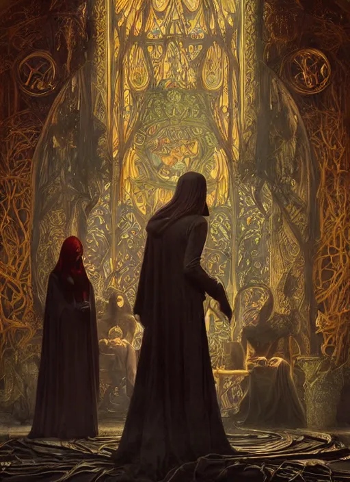 Image similar to mindcontrol inside covens den, intricate wiccan scene detailing, textless, masked wiccan photorealistic figures, hyperdetailed, photorealistic, diffuse lighting, hdrp, artstation, unreal 5, smooth, sharp focus, art by john collier, albert aublet, krenz cushart, artem demura, alphonse mucha